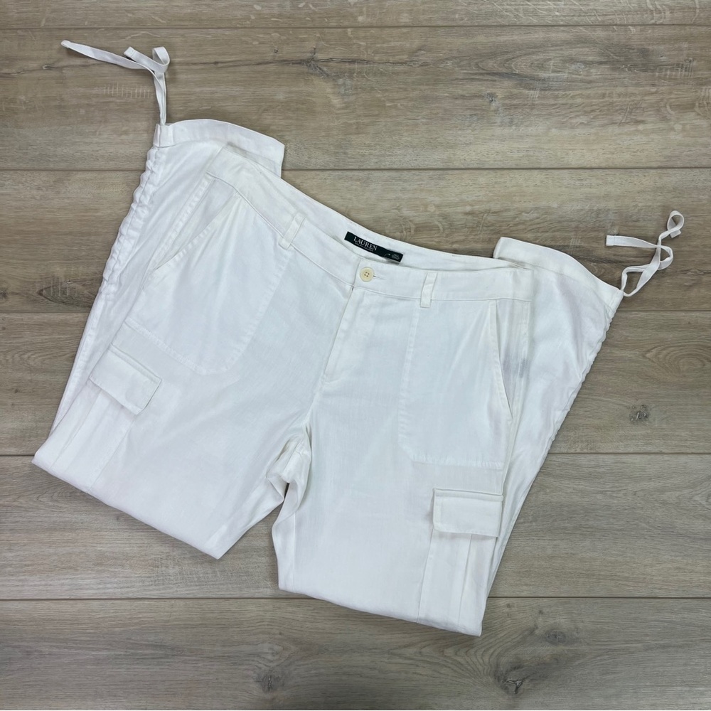 Lauren Ralph Lauren Linen Blend High Rise Pants White Adjustable Length Size 14 - Picture 7 of 11